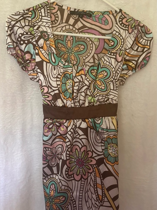 Pierri New York Tops - Pierri New York Brown and White Blouse Short Sleeve Tie Waist Top
